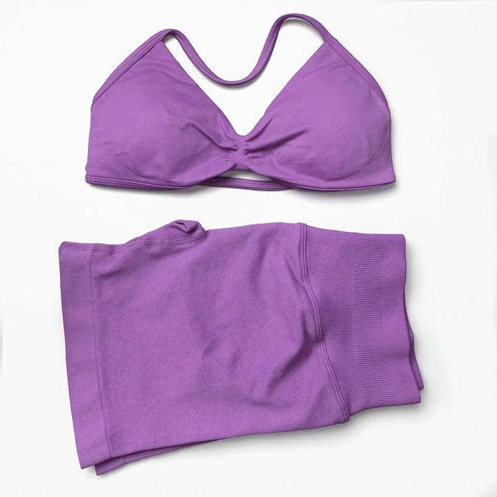 Seamless 2 Pieces Strappy Yoga Halter Bras Sets Scrunch Butt Sports Shorts Quick Dry Backless Gym Crop Tops with Pad Push Up Set