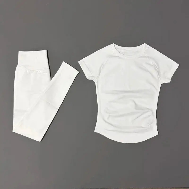 2Pcs HISTELLO Fitness Sets Women High Elastic Seamless Short Sleeve Top Low Waist Full Leggings Tummy Control Butt Lift Yoga Gym