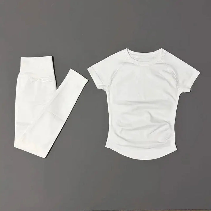 2Pcs HISTELLO Fitness Sets Women High Elastic Seamless Short Sleeve Top Low Waist Full Leggings Tummy Control Butt Lift Yoga Gym