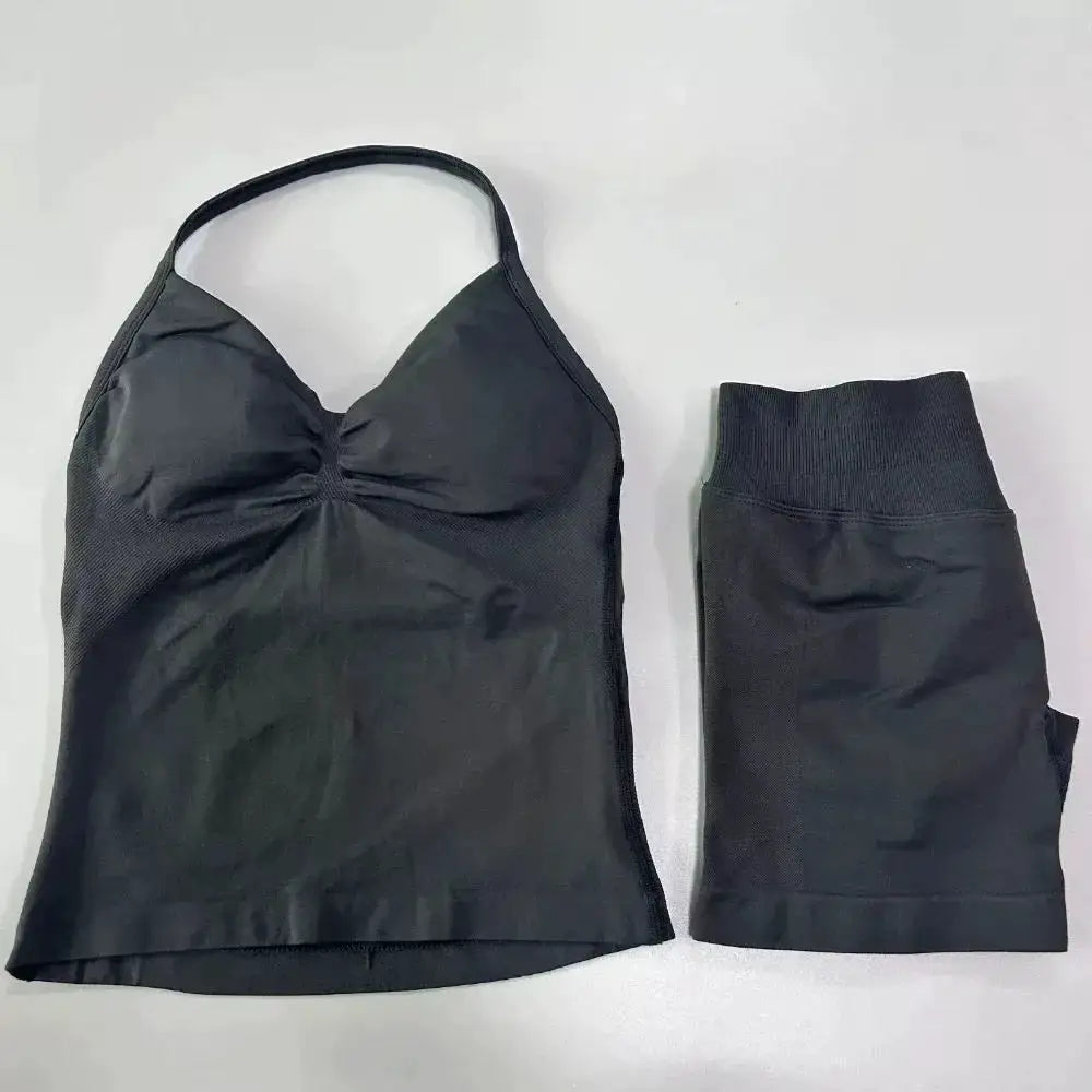 Sexy Halter Neck Beautiful Back High Waist Peach Sports Bras Shorts Suit Pilates Gathering Yoga Vest Training Fitness Bra Sets