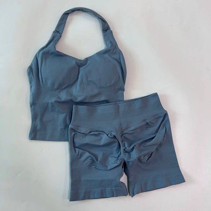 No Logo 2 Pieces Gym Set Women Backless Halter Tops High Waist Seamless Shorts Gym Suit Fitness Clothes Sportswear Workout Sets