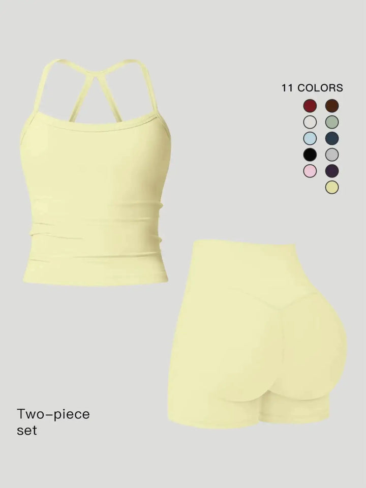 Women 2 Piece Yoga Set Quick Dry Workout Tracksuit Backless Cami Top High Waist Tummy Control Butt Lifting Shorts Ladies Fitness Sportswear Gym Outfits Activewear Running Suit