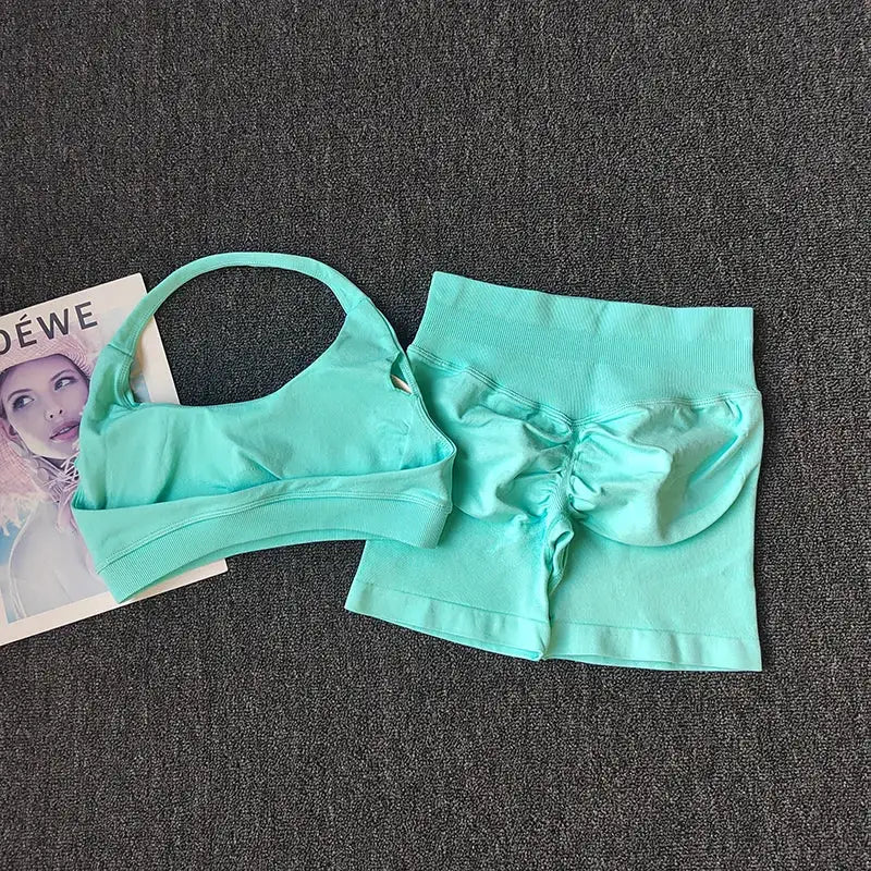 2PCs Peach High Waist Belly Hip Lifting Sports Bras Shorts Suit Gathering Shock-proof Neck Halter Yoga Suit Running Fitness Set