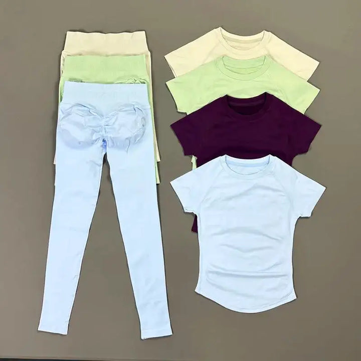 2Pcs HISTELLO Fitness Sets Women High Elastic Seamless Short Sleeve Top Low Waist Full Leggings Tummy Control Butt Lift Yoga Gym