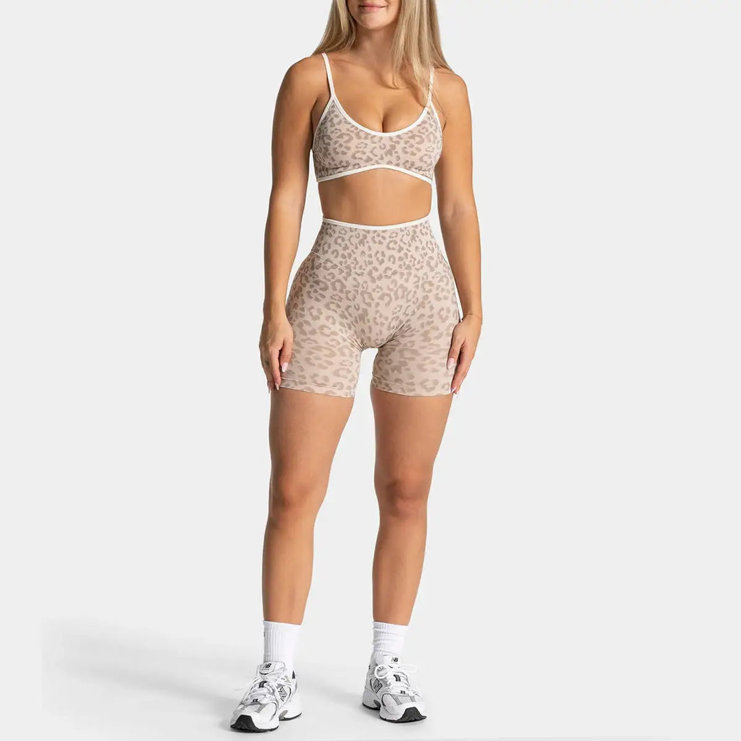 Women Leopard Print 2 Piece Yoga Set High Waist Butt Lift Biker Shorts Adjustable Strap Sports Bra Gym Workout Activewear