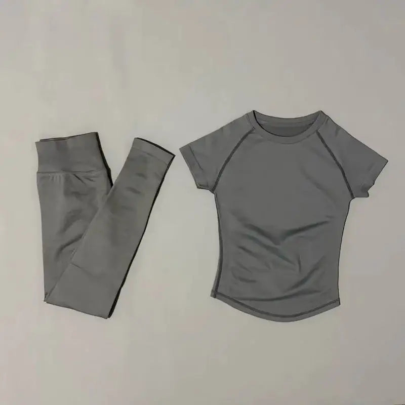 2Pcs HISTELLO Fitness Sets Women High Elastic Seamless Short Sleeve Top Low Waist Full Leggings Tummy Control Butt Lift Yoga Gym