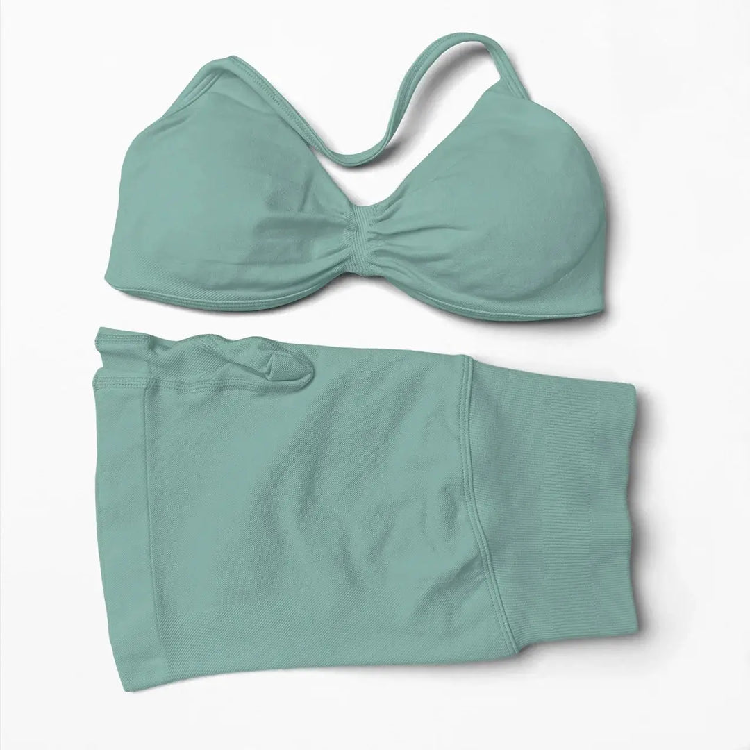 WANAYOU Seamless 2 Pcs Women Yoga Sets Halter Bras Sports Crop Tops Low Waist Scrunch Butt Gym Shorts Tight Quick Dry Leggings