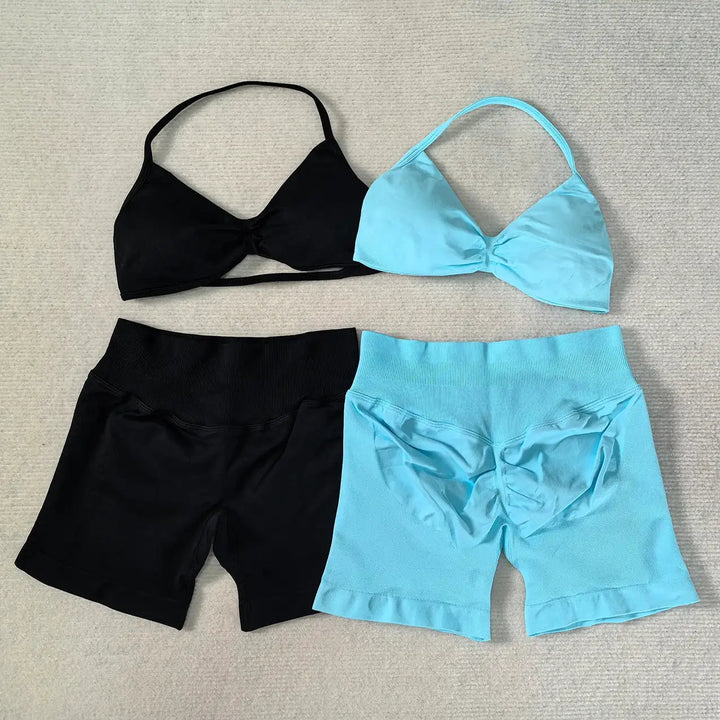 Seamless 2 Pieces Strappy Yoga Halter Bras Sets Scrunch Butt Sports Shorts Quick Dry Backless Gym Crop Tops with Pad Push Up Set