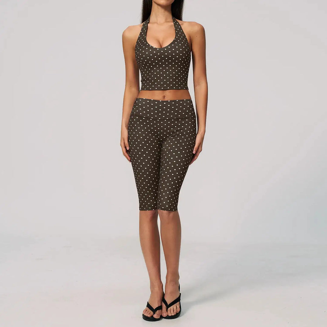 Yoga Capri Pants Set 2pcs Sport Set Women Polka Dot Athletic Wear Gym Push Up Yoga Pants Gym Suit Fitness Bra Workout Set Outfit