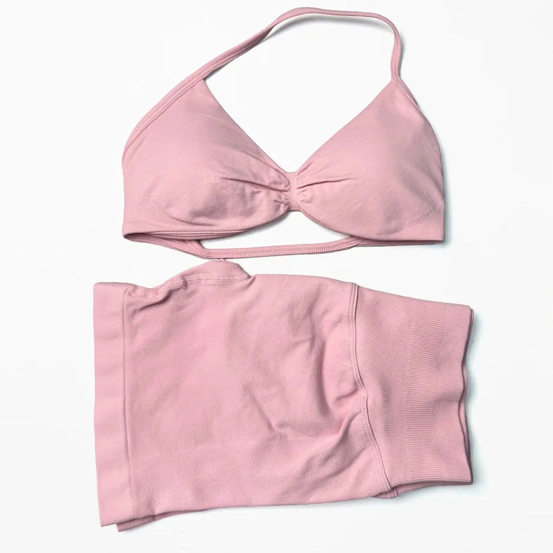 Seamless 2 Pieces Strappy Yoga Halter Bras Sets Scrunch Butt Sports Shorts Quick Dry Backless Gym Crop Tops with Pad Push Up Set