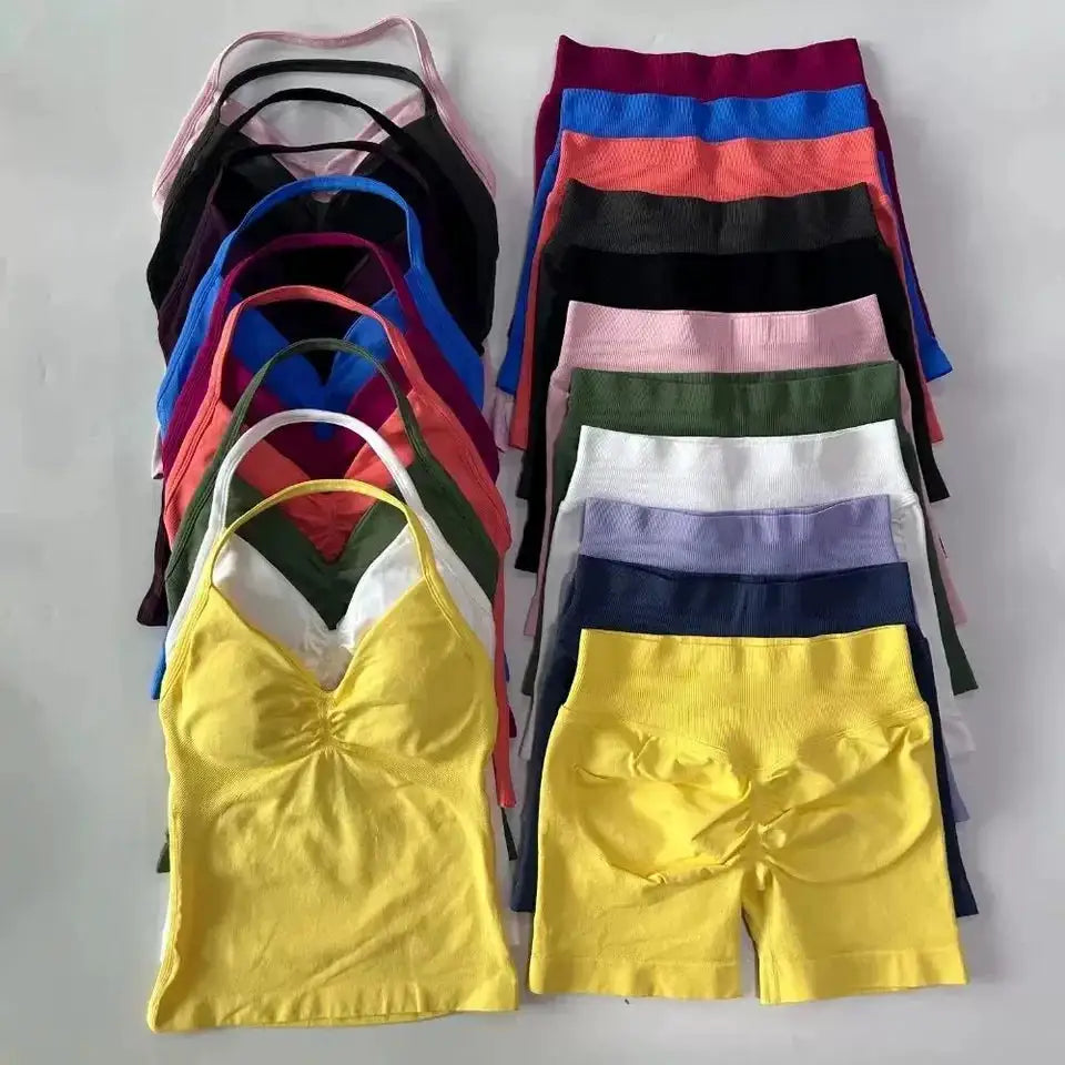 Sexy Halter Neck Beautiful Back High Waist Peach Sports Bras Shorts Suit Pilates Gathering Yoga Vest Training Fitness Bra Sets