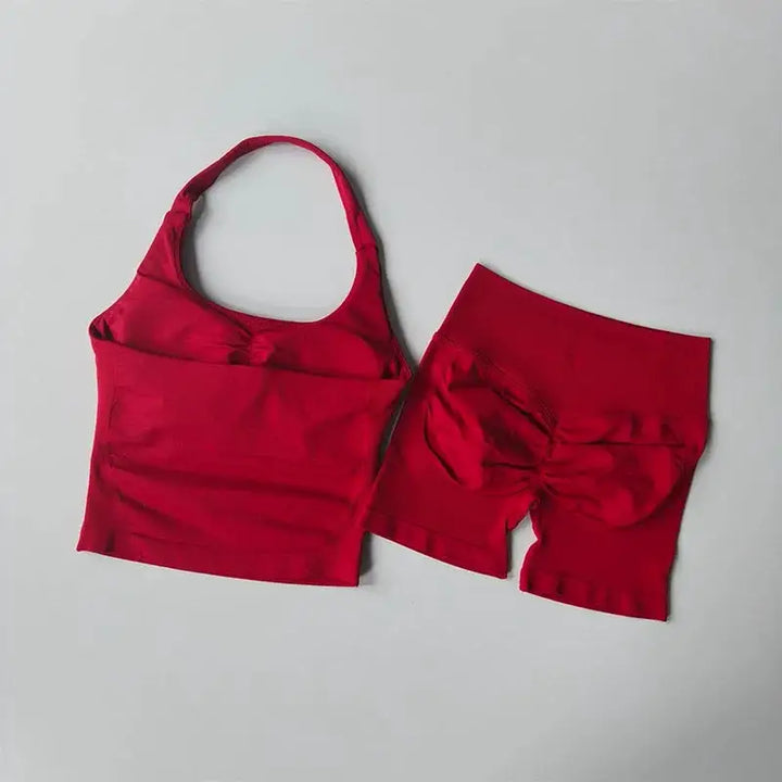 Yoga 2 Pieces Gym Set Women Backless Halter Tops High Waist Seamless Shorts Gym Suit Fitness Sports Bras Sportswear Workout Sets