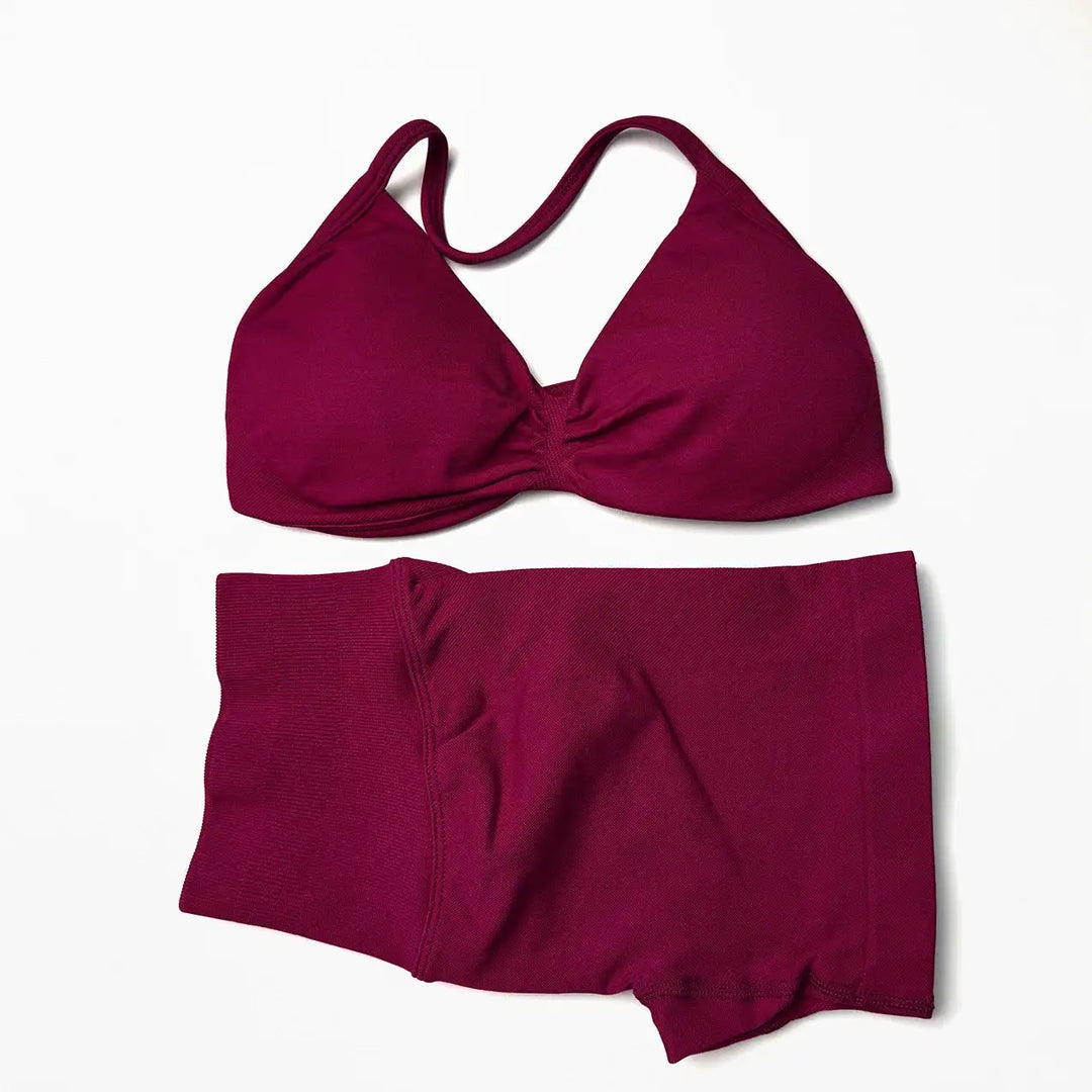STOUREG 2 Pieces Yoga Gym Set Women Seamless Strappy Yoga Bra High Waist Workout Scrunch Shorts Set Fitness Clothes Sportswear
