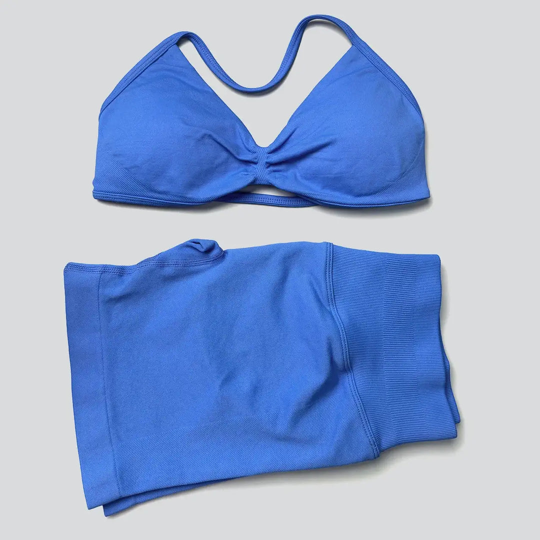 WANAYOU Seamless 2 Pcs Women Yoga Sets Halter Bras Sports Crop Tops Low Waist Scrunch Butt Gym Shorts Tight Quick Dry Leggings