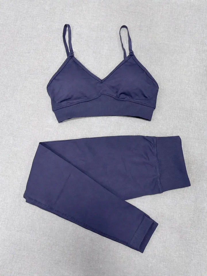 Quick Dry V Neck Sports Bra and Yoga Pants Set for Women, 90% Nylon 10% Spandex Moisture Wicking Two Piece Gym Fitness Workout Outfit, Strappy Crop Top Full Length Activewear for Running Training