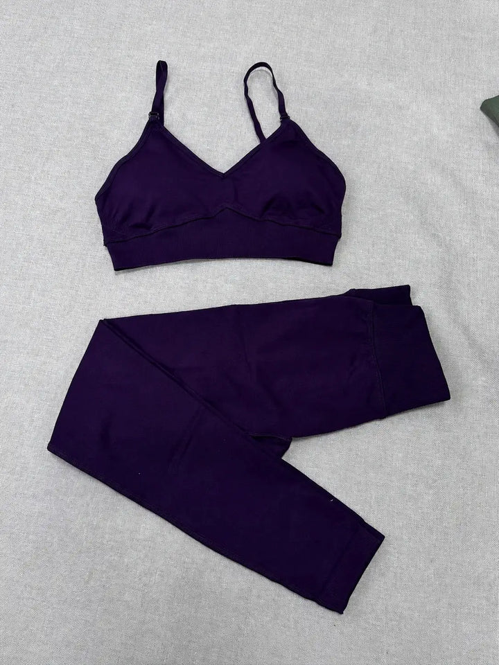 Quick Dry V Neck Sports Bra and Yoga Pants Set for Women, 90% Nylon 10% Spandex Moisture Wicking Two Piece Gym Fitness Workout Outfit, Strappy Crop Top Full Length Activewear for Running Training