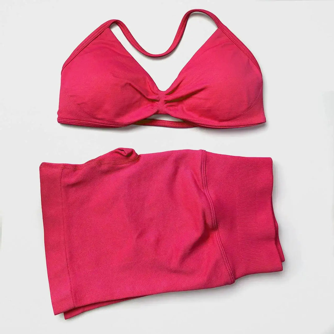 STOUREG 2 Pieces Yoga Gym Set Women Seamless Strappy Yoga Bra High Waist Workout Scrunch Shorts Set Fitness Clothes Sportswear