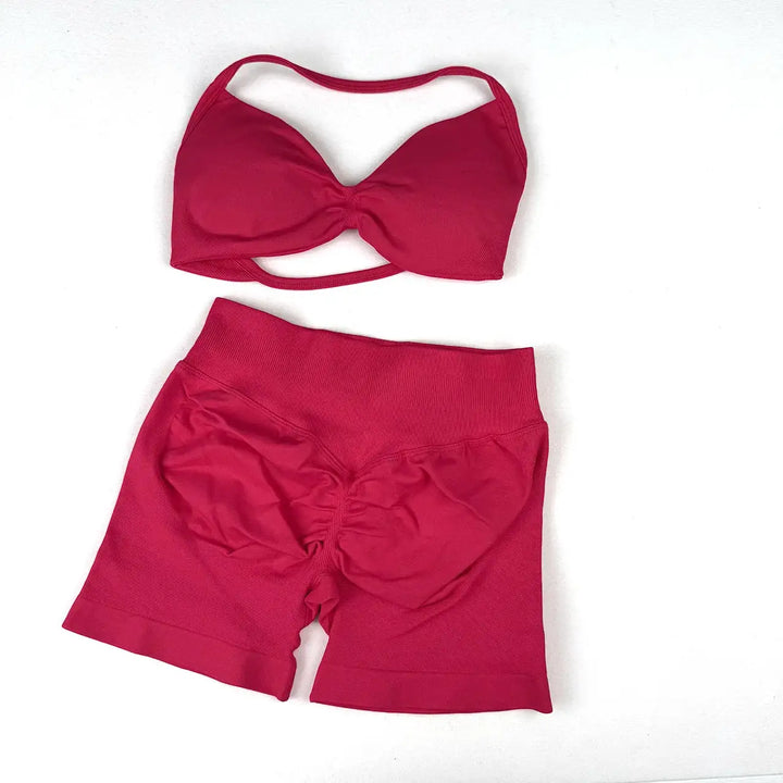 WANAYOU Seamless 2 Pcs Women Yoga Sets Halter Bras Sports Crop Tops Low Waist Scrunch Butt Gym Shorts Tight Quick Dry Leggings