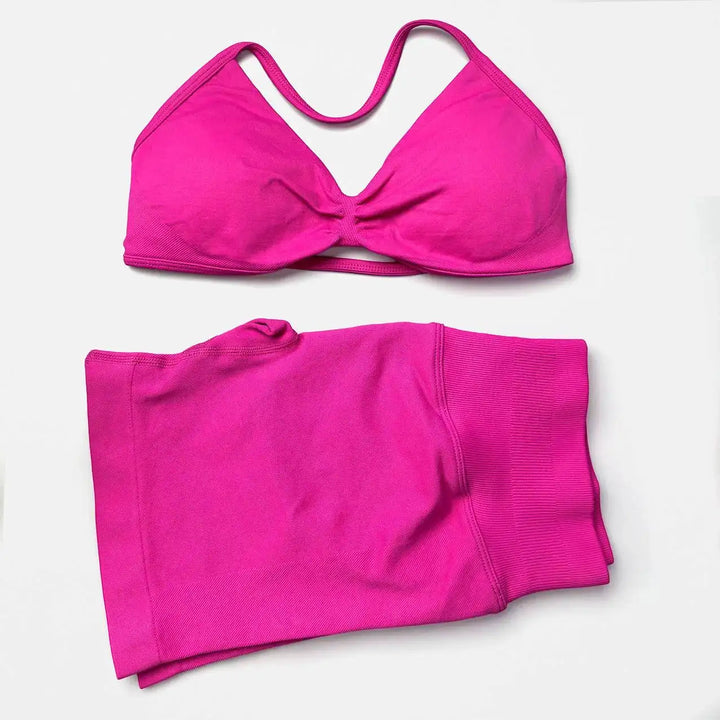 STOUREG 2 Pieces Yoga Gym Set Women Seamless Strappy Yoga Bra High Waist Workout Scrunch Shorts Set Fitness Clothes Sportswear