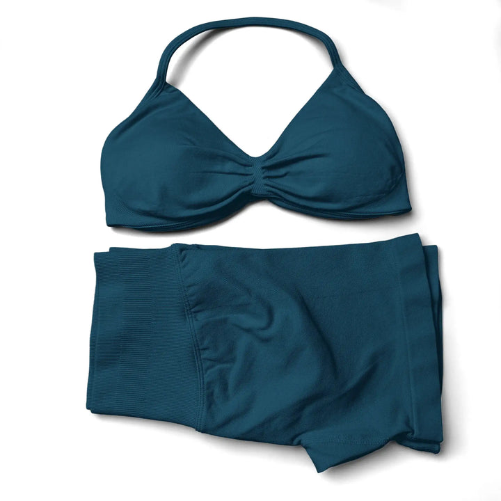 Seamless 2 Pieces Strappy Yoga Halter Bras Sets Scrunch Butt Sports Shorts Quick Dry Backless Gym Crop Tops with Pad Push Up Set