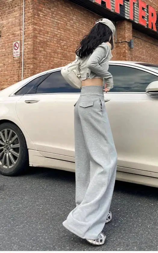 High-Waist Sports Pants Women's 2025 New American Casual Slim Fit Sweatpants Straight Leg Wide Leg Trousers