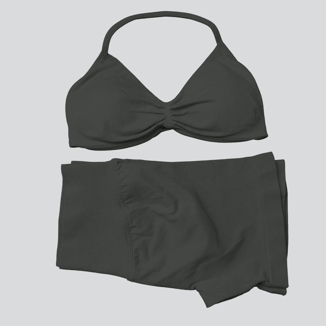 WANAYOU Seamless 2 Pcs Women Yoga Sets Halter Bras Sports Crop Tops Low Waist Scrunch Butt Gym Shorts Tight Quick Dry Leggings