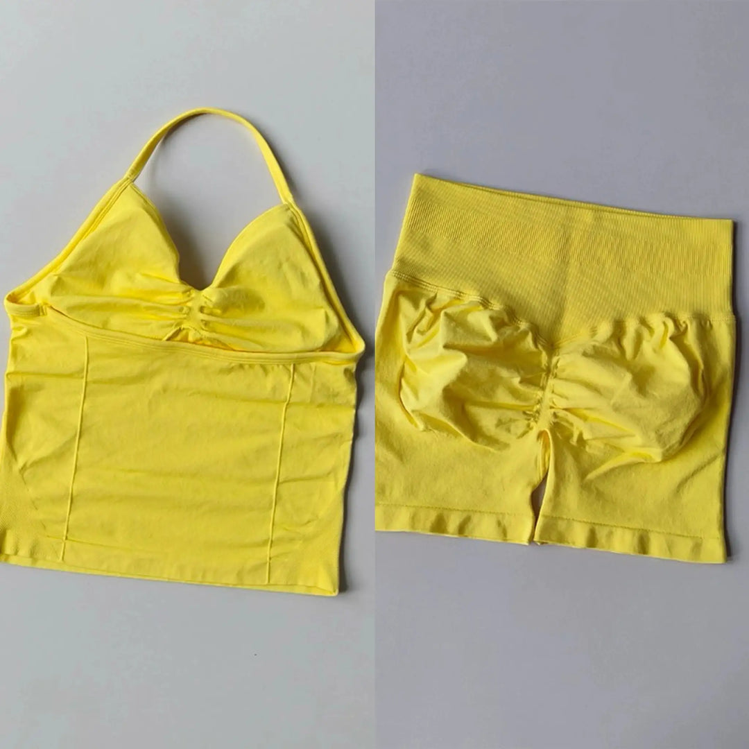 Sexy Halter Neck Beautiful Back High Waist Peach Sports Bras Shorts Suit Pilates Gathering Yoga Vest Training Fitness Bra Sets