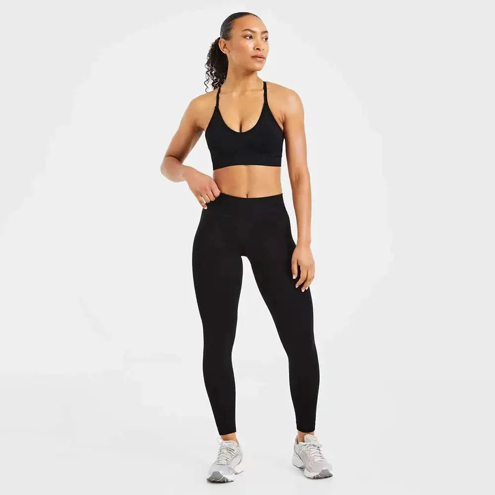 Quick Dry V Neck Sports Bra and Yoga Pants Set for Women, 90% Nylon 10% Spandex Moisture Wicking Two Piece Gym Fitness Workout Outfit, Strappy Crop Top Full Length Activewear for Running Training