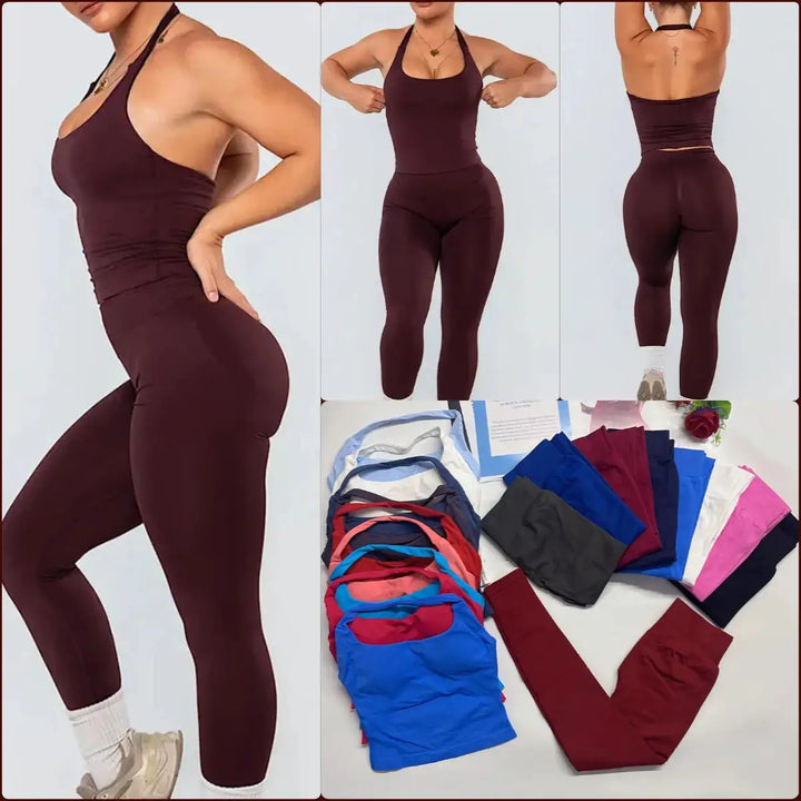 2026 Yoga outfit DFNNYE two Pieces Gym Set seamless Women DF impact backless Halter Top Leggings Fitness Clothes Workout sets