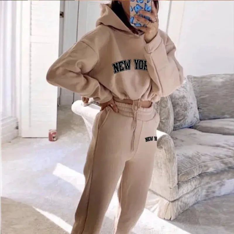 Womens Hooded Print Tracksuit Set Two Piece Pullover