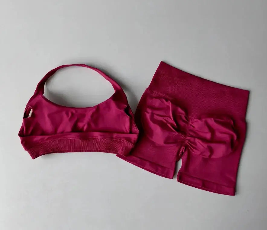 2PCs Peach High Waist Belly Hip Lifting Sports Bras Shorts Suit Gathering Shock-proof Neck Halter Yoga Suit Running Fitness Set