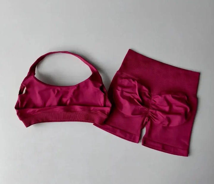 2PCs Peach High Waist Belly Hip Lifting Sports Bras Shorts Suit Gathering Shock-proof Neck Halter Yoga Suit Running Fitness Set