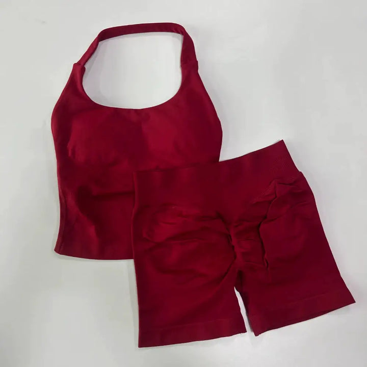 No Logo 2 Pieces Gym Set Women Backless Halter Tops High Waist Seamless Shorts Gym Suit Fitness Clothes Sportswear Workout Sets