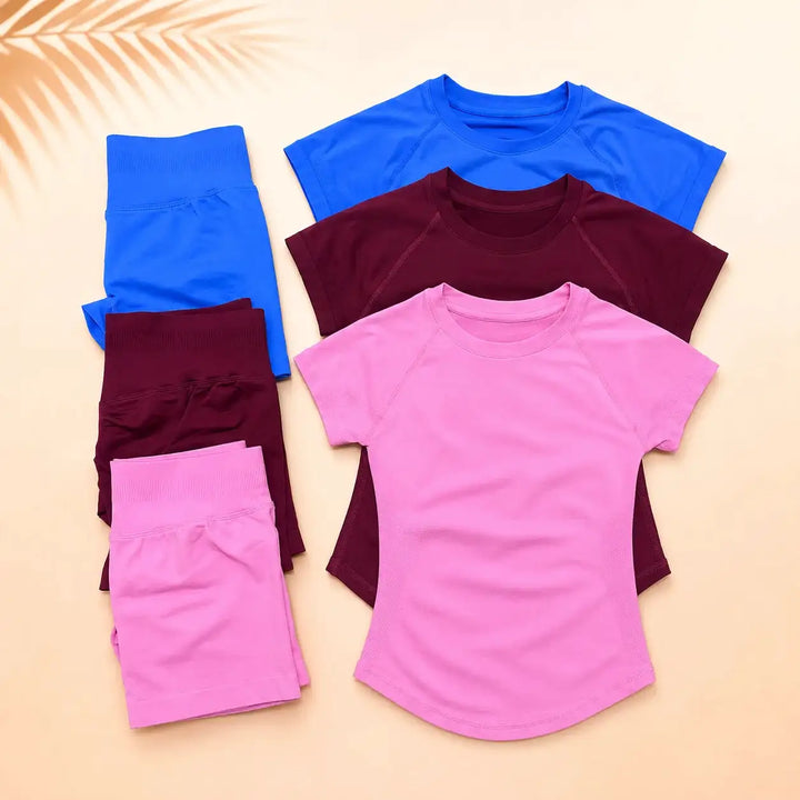 NoLogo Women Ribbed Yoga 2-Piece Set Tummy Short Sleeve Top High Waist Butt Lifting Shorts Seamless Gym for Fitness Running