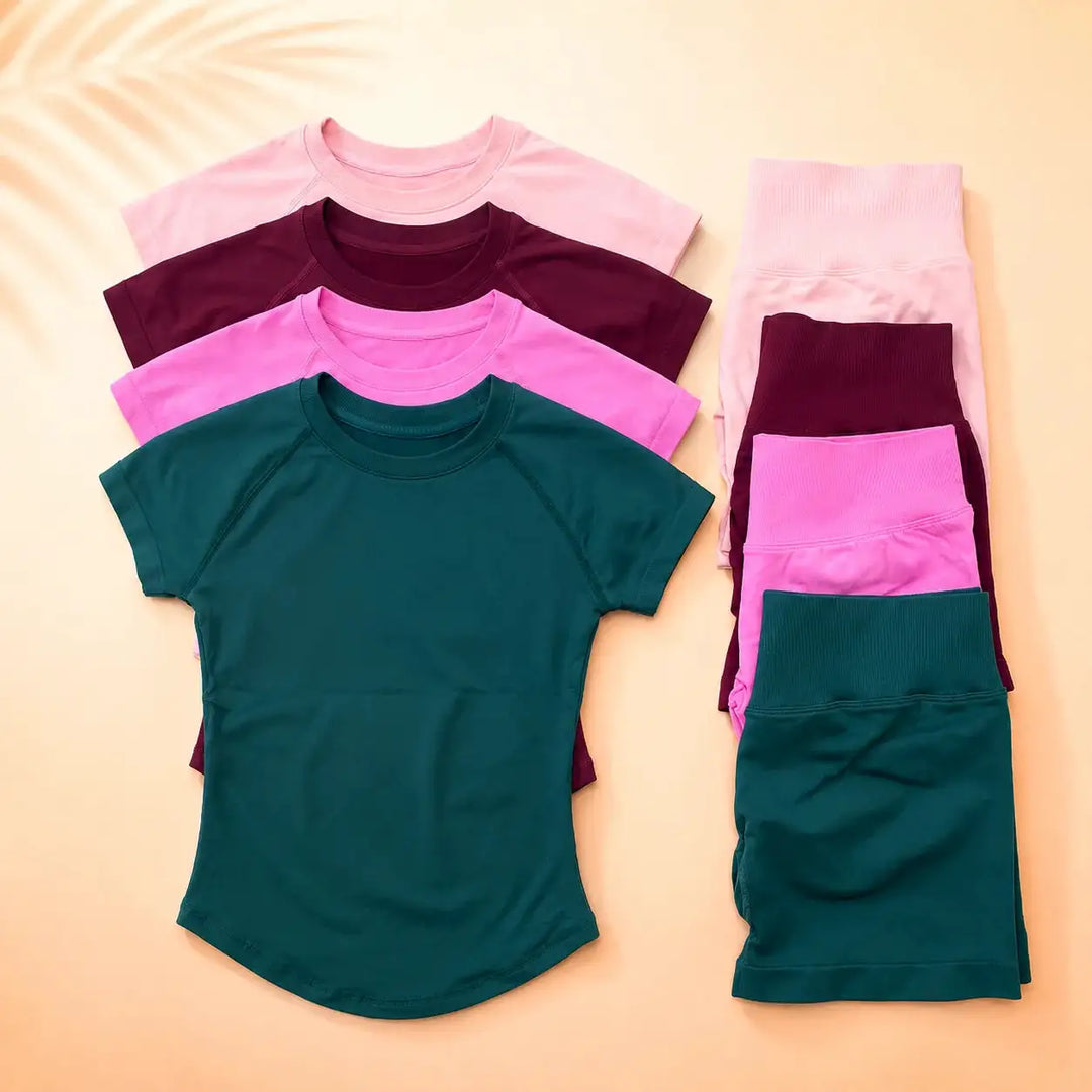 NoLogo Women Ribbed Yoga 2-Piece Set Tummy Short Sleeve Top High Waist Butt Lifting Shorts Seamless Gym for Fitness Running
