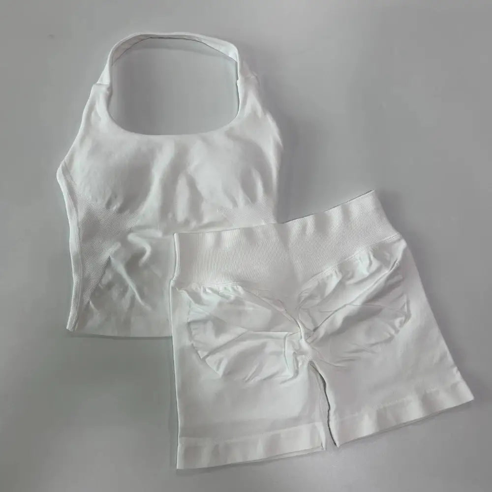 No Logo 2 Pieces Gym Set Women Backless Halter Tops High Waist Seamless Shorts Gym Suit Fitness Clothes Sportswear Workout Sets