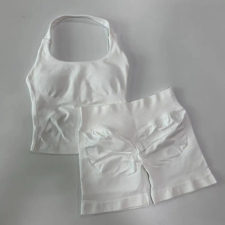 No Logo 2 Pieces Gym Set Women Backless Halter Tops High Waist Seamless Shorts Gym Suit Fitness Clothes Sportswear Workout Sets