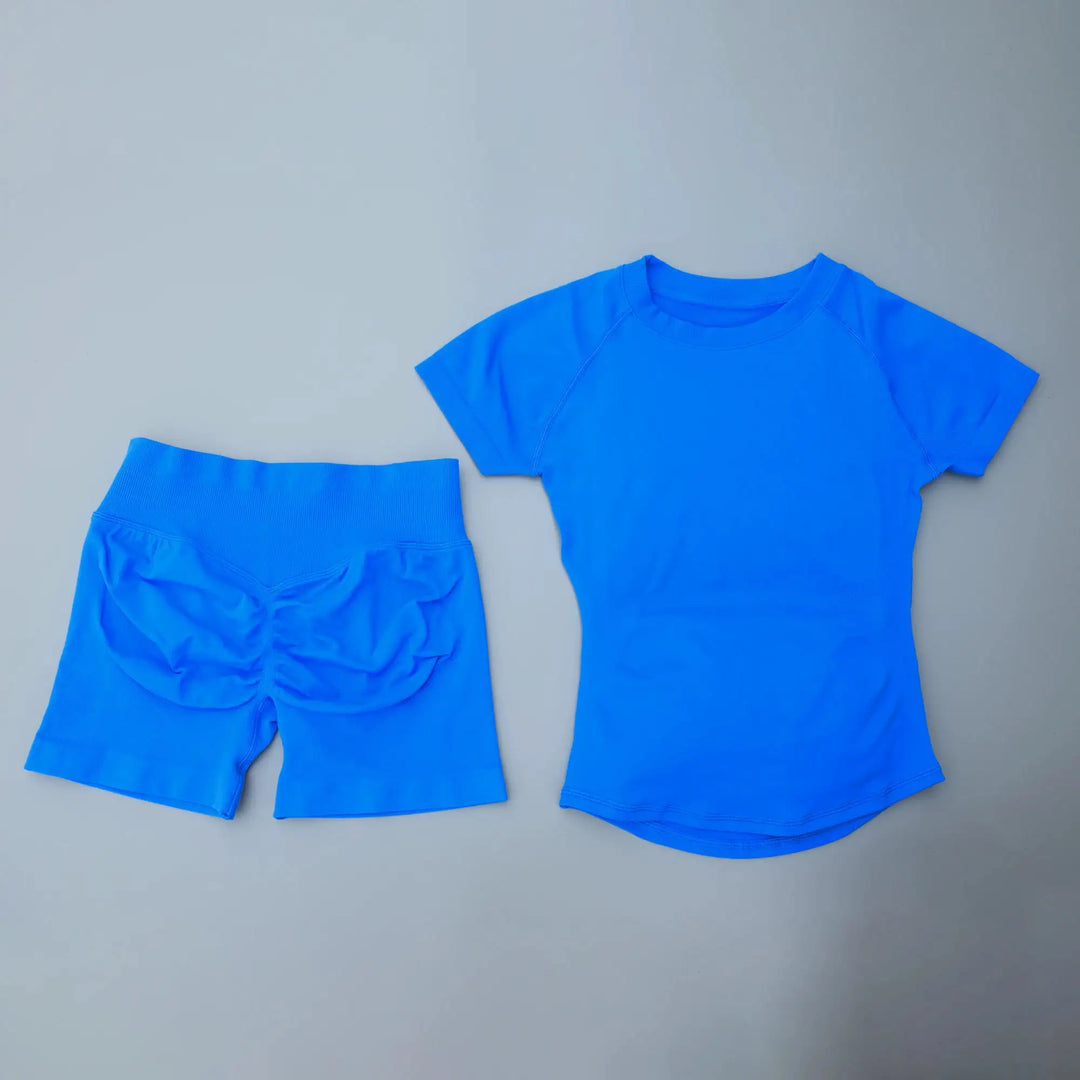 2 Pieces AURA IMPACT Sports Sets Short Sleeve Seamless Yoga Top Fitness Set Women Workout Running Sports Shorts Gym Suit