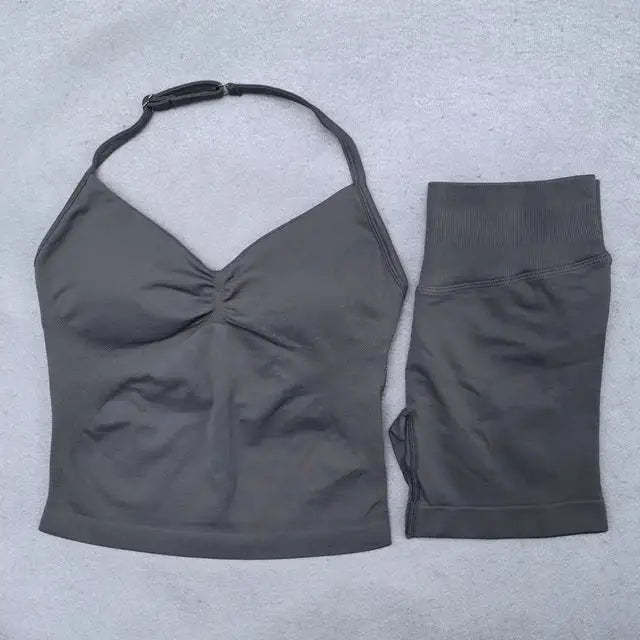 2 Pieces Yoga Set Women Backless Halter Tops High Waist Seamless Shorts Gym Suit Fitness Clothes Sportswear Workout Sets