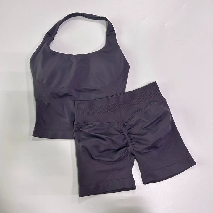 No Logo 2 Pieces Gym Set Women Backless Halter Tops High Waist Seamless Shorts Gym Suit Fitness Clothes Sportswear Workout Sets