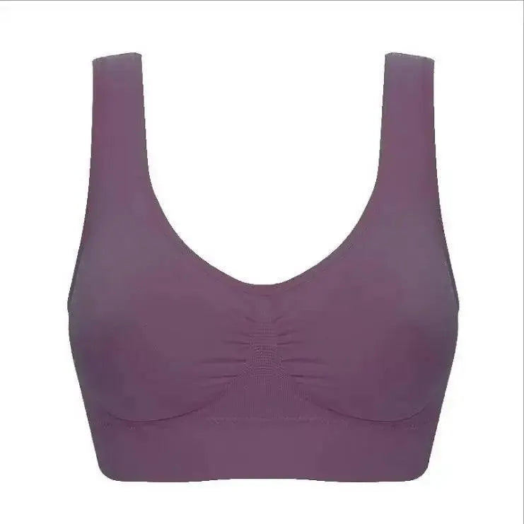 Purple seamless sports bra with wide straps, available at OurLum.com for lifestyle comfort.