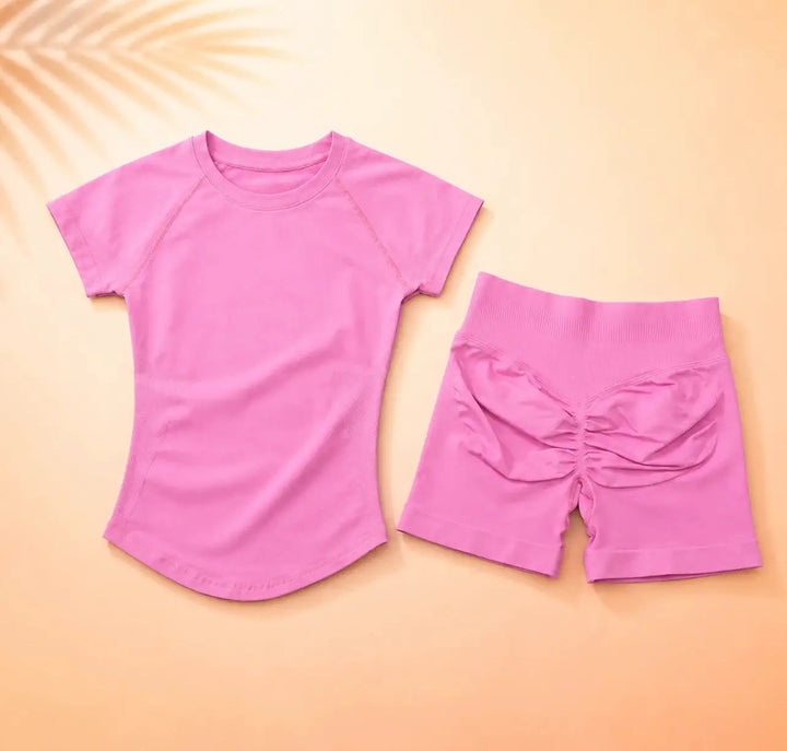 NoLogo Women Ribbed Yoga 2-Piece Set Tummy Short Sleeve Top High Waist Butt Lifting Shorts Seamless Gym for Fitness Running
