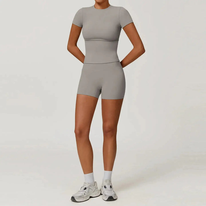 Women Yoga Set 2PCS Workout Set Sportswear Gym Clothing Fitness Long Sleeve High Waist Leggings Cycling Shorts Sports Suits