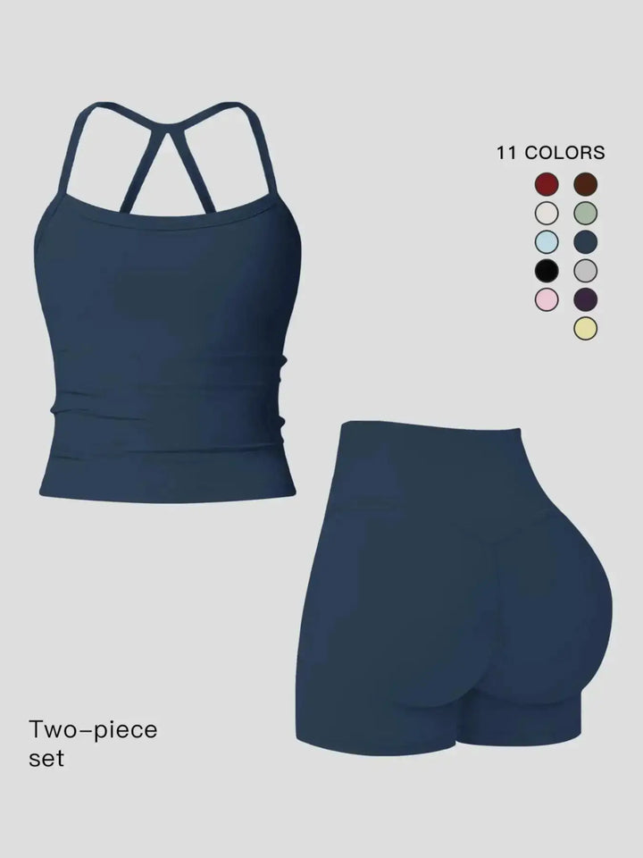Women 2 Piece Yoga Set Quick Dry Workout Tracksuit Backless Cami Top High Waist Tummy Control Butt Lifting Shorts Ladies Fitness Sportswear Gym Outfits Activewear Running Suit