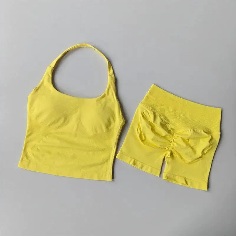 Yoga 2 Pieces Gym Set Women Backless Halter Tops High Waist Seamless Shorts Gym Suit Fitness Sports Bras Sportswear Workout Sets