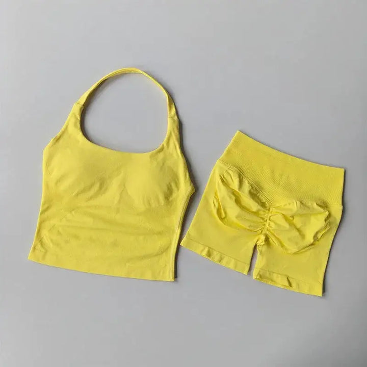 Yoga 2 Pieces Gym Set Women Backless Halter Tops High Waist Seamless Shorts Gym Suit Fitness Sports Bras Sportswear Workout Sets