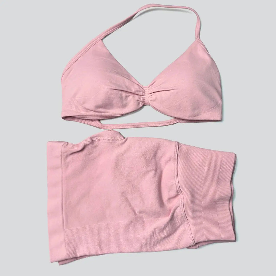 WANAYOU Seamless 2 Pcs Women Yoga Sets Halter Bras Sports Crop Tops Low Waist Scrunch Butt Gym Shorts Tight Quick Dry Leggings