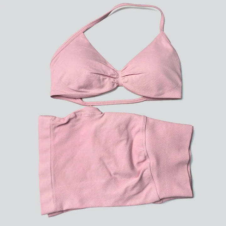 WANAYOU Seamless 2 Pcs Women Yoga Sets Halter Bras Sports Crop Tops Low Waist Scrunch Butt Gym Shorts Tight Quick Dry Leggings