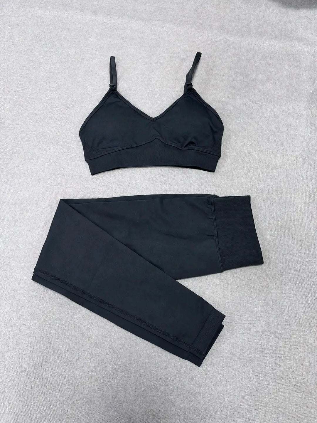 Quick Dry V Neck Sports Bra and Yoga Pants Set for Women, 90% Nylon 10% Spandex Moisture Wicking Two Piece Gym Fitness Workout Outfit, Strappy Crop Top Full Length Activewear for Running Training