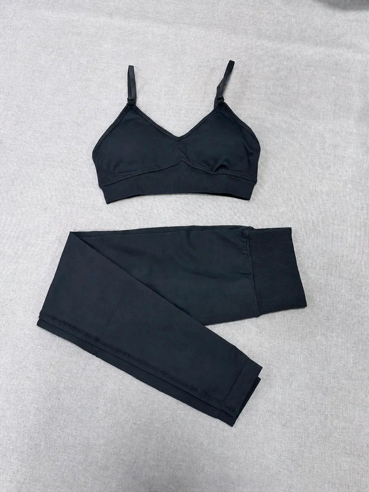 Quick Dry V Neck Sports Bra and Yoga Pants Set for Women, 90% Nylon 10% Spandex Moisture Wicking Two Piece Gym Fitness Workout Outfit, Strappy Crop Top Full Length Activewear for Running Training